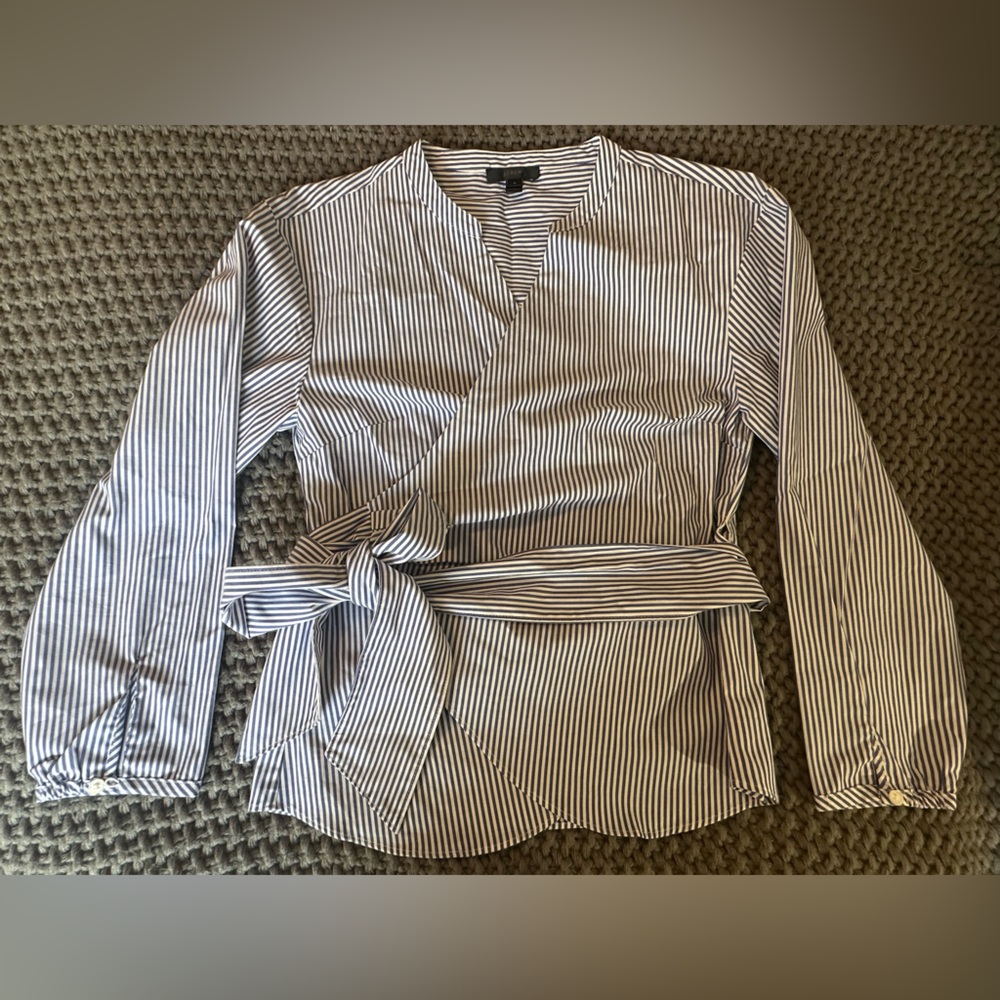 J. Crew Navy and White Striped Wrap Blouse